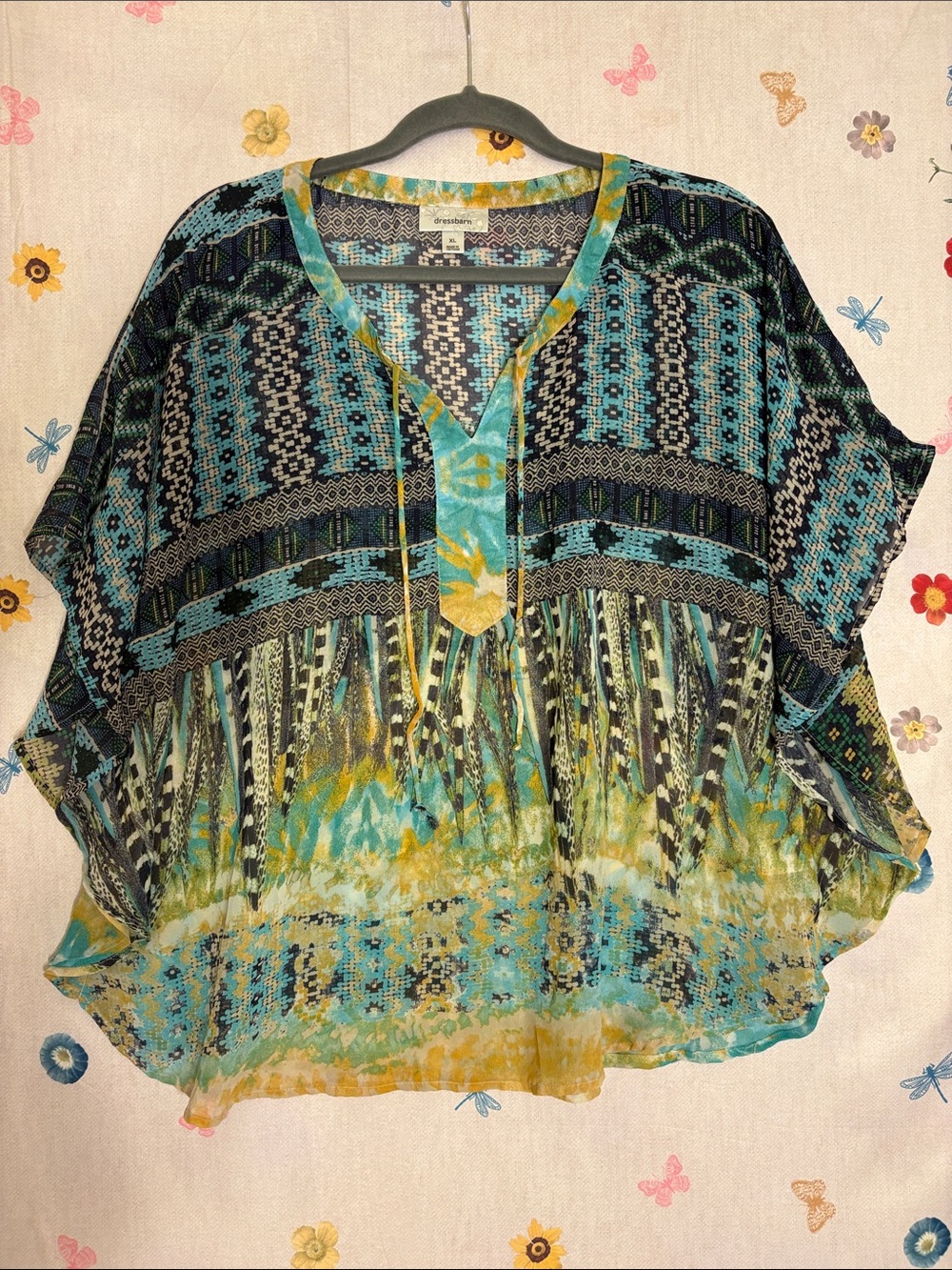 Dressbarn Turquoise Black & Yellow Printed Boho Tunic